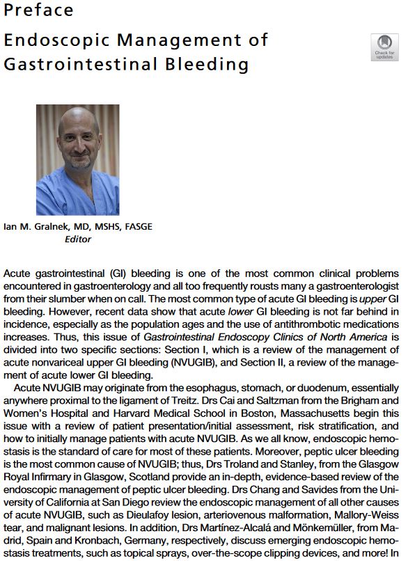 Gastro_Clinics's tweet image. Dr. Ian Gralnek @iangralnek talks about his issue of Gastrointestinal Endoscopy Clinics. The issue is devoted to the latest advances in endoscopic management of both upper and lower #GIbleeding. Click to read entire Preface. bit.ly/2IGJqje