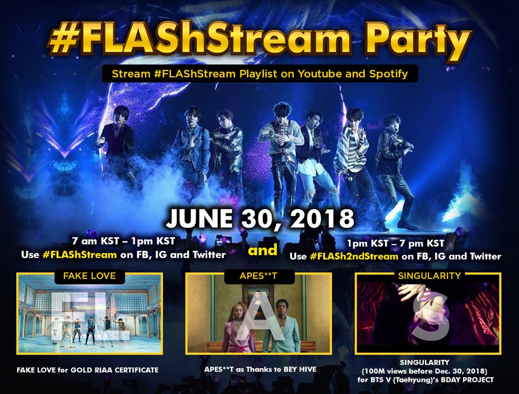 Melody1510_'s tweet photo. Armys join us!!😊💜
Streaming Party  June 30, 2018
#FLAShStream Party Use the HT #FLAShStream from 7am - 1pm KST and #FLASh2ndStream from 1pm - 7pm KST. @BTS_twt
Links YT &amp; Spotify:
YT Link: (link: https://t.co/YPOBt7q5RM) https://t.co/tFBBhZDJTw… https://t.co/iaoPAPyTSP