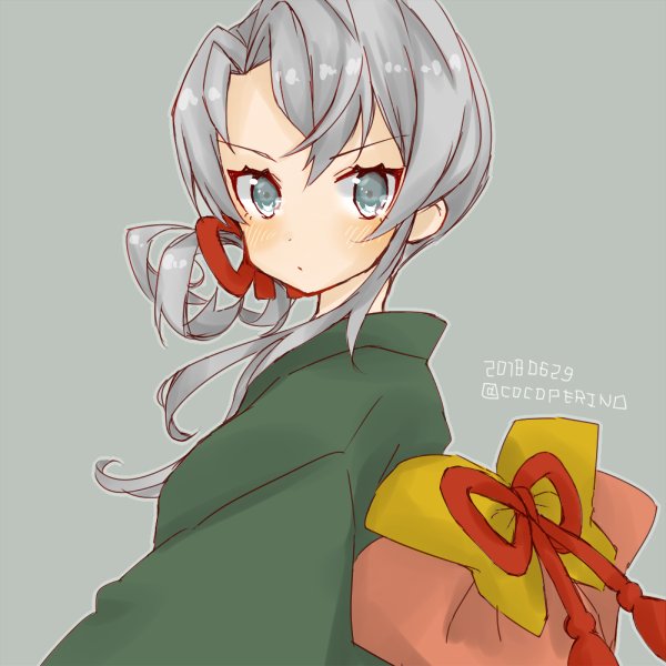 nowaki (kancolle) 1girl solo japanese clothes grey hair kimono asymmetrical hair grey eyes  illustration images