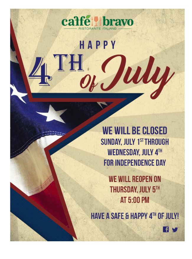 CaffeBravo's tweet photo. Happy 4th of July from Caffe Bravo! https://t.co/DF8Q1UEleK https://t.co/8toyvKvltD