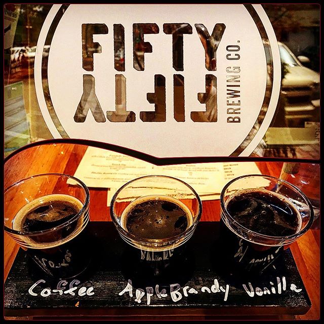 Fifty Fifty Brewing in Truckee. Barrel-Aged sampler. #craftbeer #cerveza #instabeer #instabrew #craftlove #craftbeerlife #beerpic #beerlove #beerstagram #beersnob #beergeek #picoftheday #beers #drinklocal #fermentingmindfulness #InTheBeerAndNowBeer!