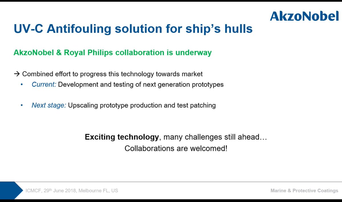 bluemoon_kev's tweet photo. Finishing strong at the #ICMCF in FL today: we’re talking about how UV-LED technology can prevent fouling! @AkzoNobelUS @IP_Marine @InterluxPaint @Awlgrip @Philips
See Michel Jongerius (Royal Philips) at 11:50 and Niek Hijnen (AkzoNobel) at 15:40. https://t.co/JeHmWMwmHy