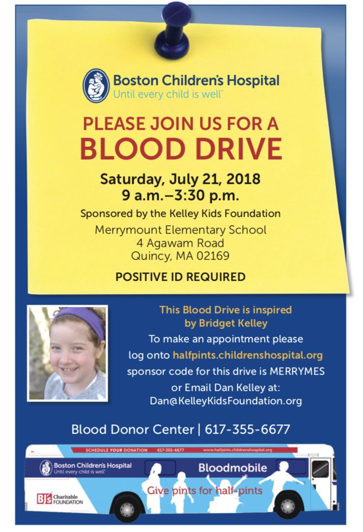 KelleyKidsFdn's tweet photo. On July 21 we will host a blood drive for @BCHBloodDonor at #Merrymount School in #Quincy.

@BeTheMatch will be there to sign people up for the bone marrow registry &amp; potentially save a life!

To secure a spot to donate go to https://t.co/e6LAqkeMHd &amp; enter sponsor code MERRYMES. https://t.co/Oin6ksRDTh