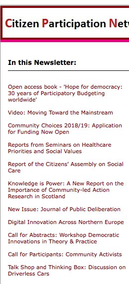 Out! July newsletter of the Citizen Participation Network, packed with resources, publications, events, videos, grants, etc related to public participation, democratic innovation &amp; community empowerment, incl. #minipublics #ParticipatoryBudgeting #demopart jiscmail.ac.uk/cgi-bin/webadm…