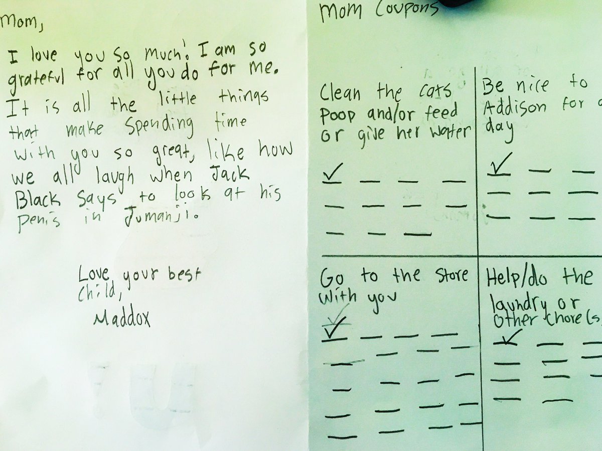 3stagesofgirl's tweet photo. Should I be more concerned that the word penis is on my Mother’s Day card or that my “coupons” came with one used already?!  Thanks 13! #liveandletmom https://t.co/rabokdXafn