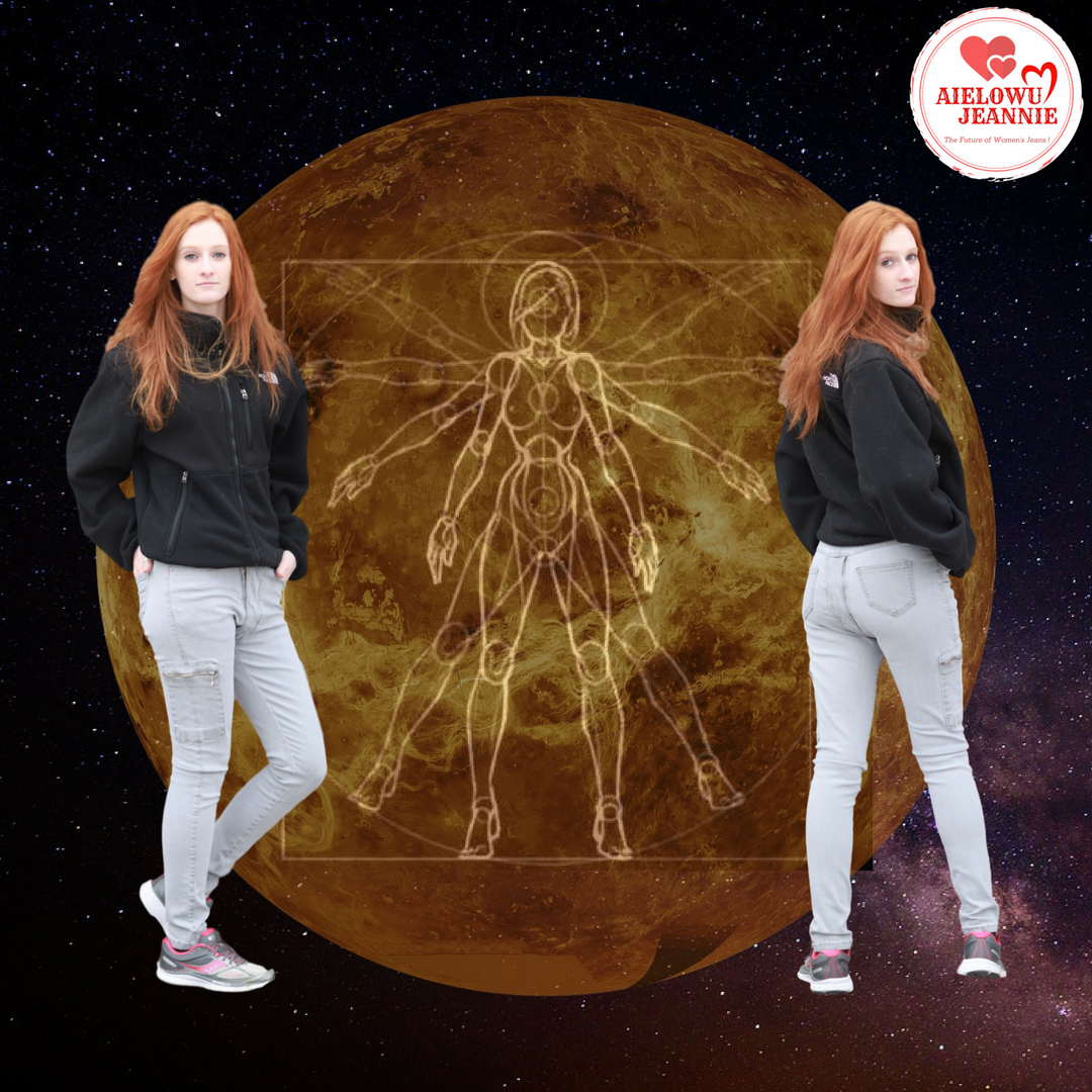 Model Melinda wearing Cargo style Aielowu Jeannie, with planet Venus in the background.