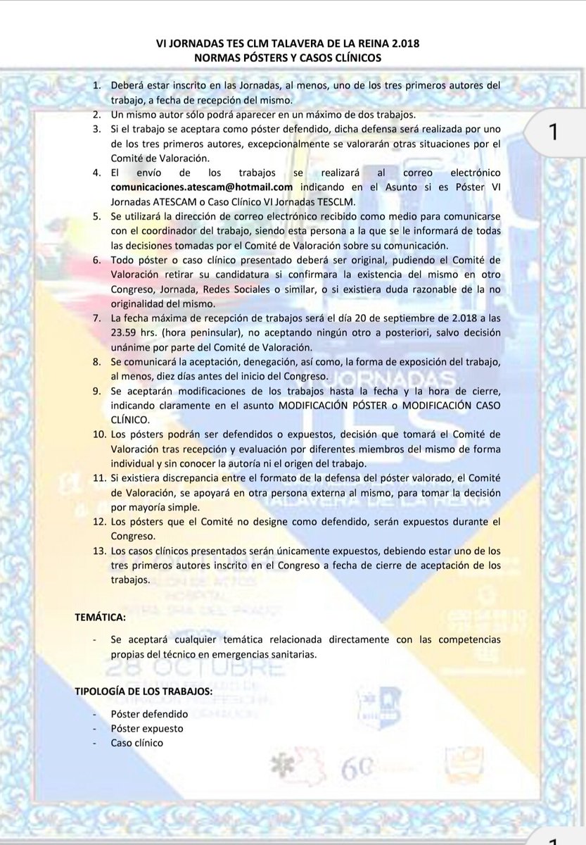 ATESCAMCLM's tweet photo. 📣📣📣📣Aquí tenemos las normas de los póster y casos clinicos 🚑🚑🚑 para las #VIJornadasTESCLM 
Animaros 💪💪 a publicar, el #TESVISIBLE también es investigador ⚕️⚕️ y que mejor que en unas jornadas de #TES https://t.co/APjflYcBnU