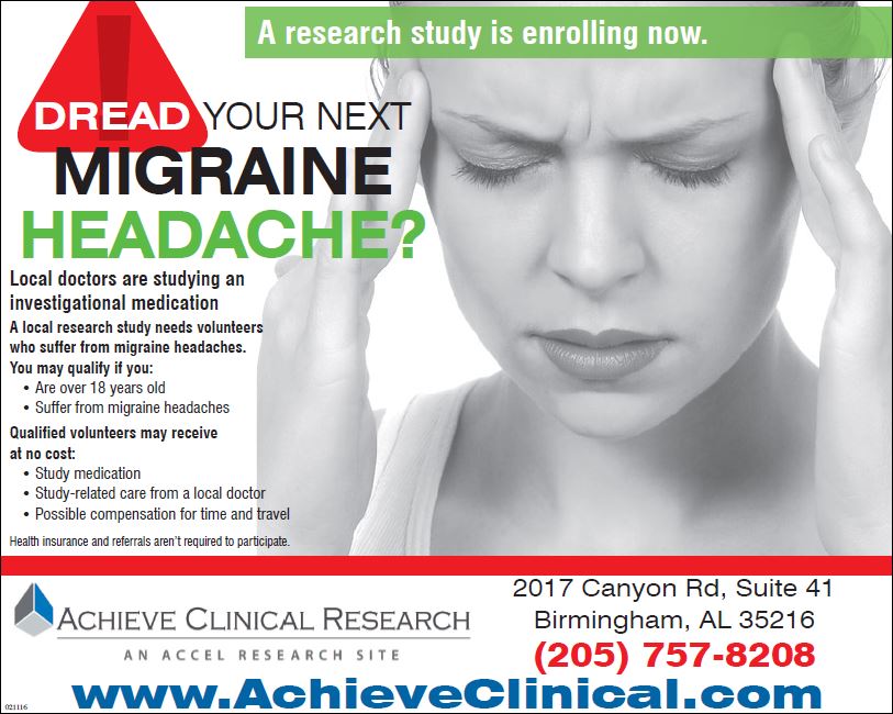 Achieveclinical's tweet photo. Dreading your next Migraine Headache? Volunteers are needed who suffer from migraine headaches. Call Achieve Clinical Research in Birmingham, Alabama to see if you qualify 205-757-8208 or visit us online at https://t.co/sKpImP6JMy https://t.co/hQUrMR1bJa