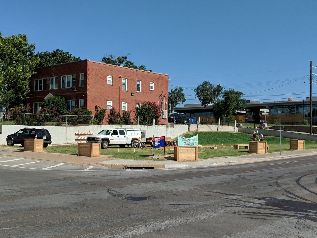 dtOKCbuilds's tweet photo. The bocce ball courts are being erected at Hudson and 9th Street, across from @BarriosMexican! Thanks to @MidtownR for sponsoring. #downtownOKC #liveworkPLAY @midtown_okc https://t.co/hGSMMw8nvB