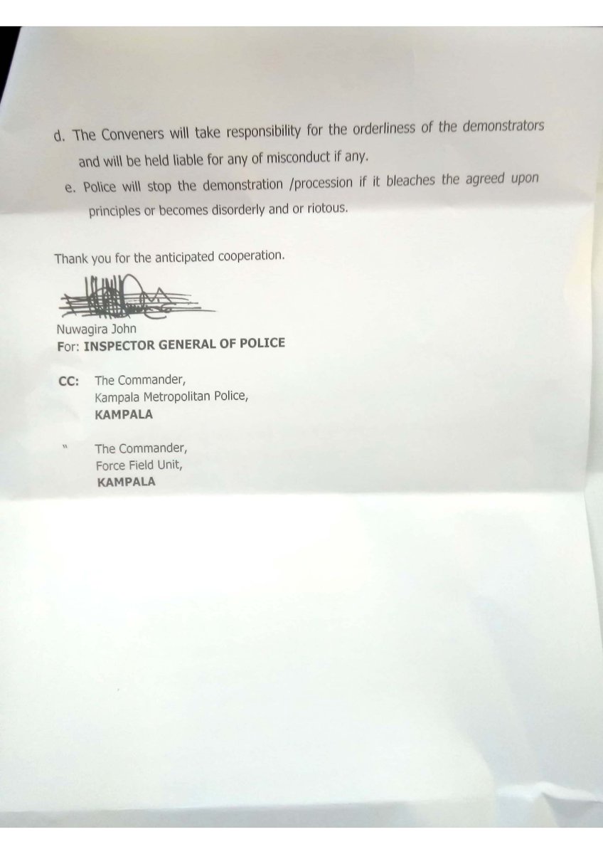 WomensProtestUG's tweet photo. We have, this evening, been handed a letter by @PoliceUg permitting @WomensProtestUG  to hold a peaceful protest march tomorrow. Please note that this march is non partisan and non violent. Please circulate this information widely #WomensMarchUG https://t.co/dUHCuhVGu7