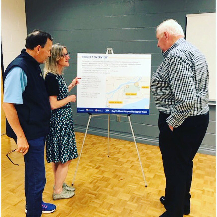VoteDelta's tweet photo. @TranBC Open House @GarryShearer3 & @CessfordJim discussing highway 17/91 & Deltaport Way project. Improvements at Hwy 17/91 to prevent roll overs. Cessford lobbied for this as police chief #publicsafetyissue
Pedestrian/cyclist overpass at Hwy 17A & 52 St. #Deltabc https://t.co/41fUet2my6