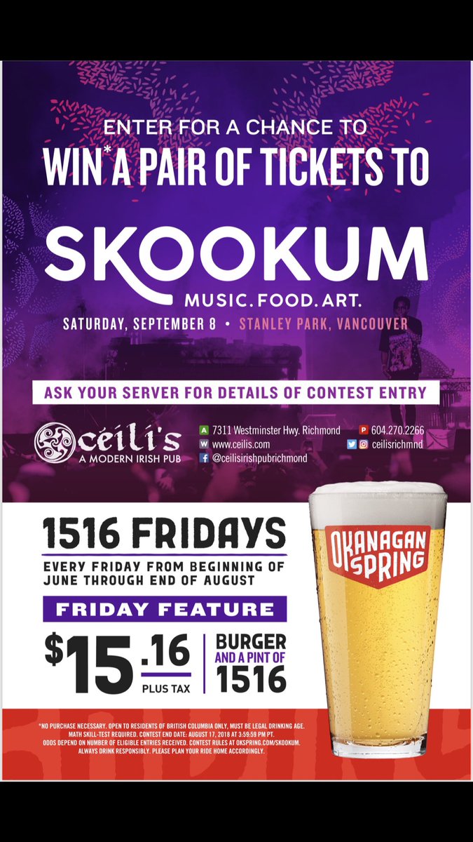 #1516Fridays at Ceilis! Enter for a chance to win a pair of tickets to @SKOOKUMFestival! #RichmondEats