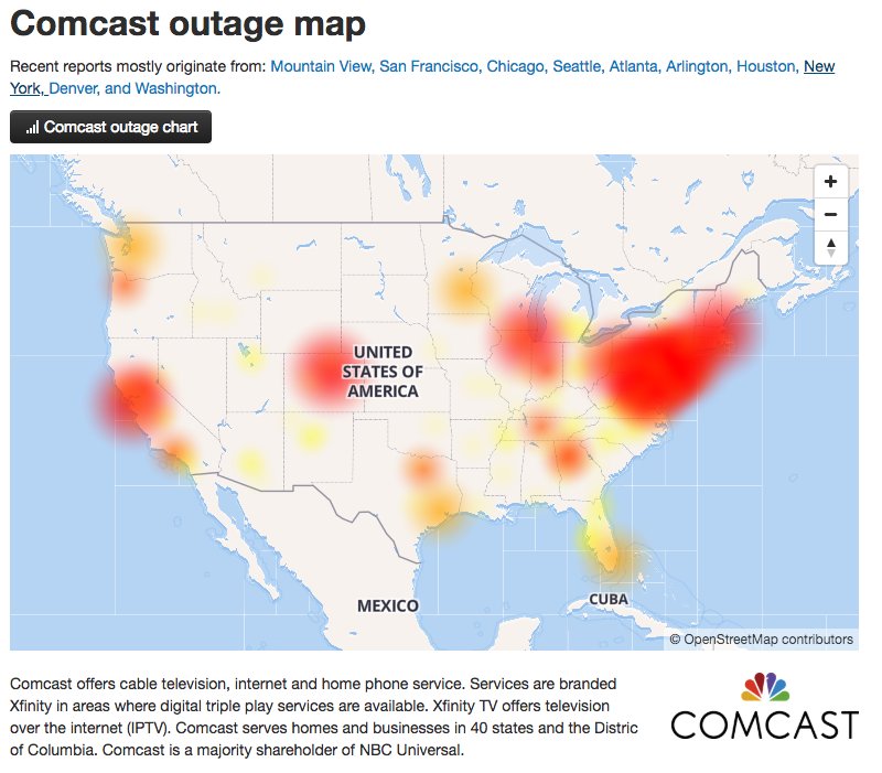 HybridInt's tweet image. Looks like #Comcast is having a massive DNS outage downdetector.com/status/comcast… Good thing it’s a Friday ¯\_(ツ)_/¯ #devLyfe