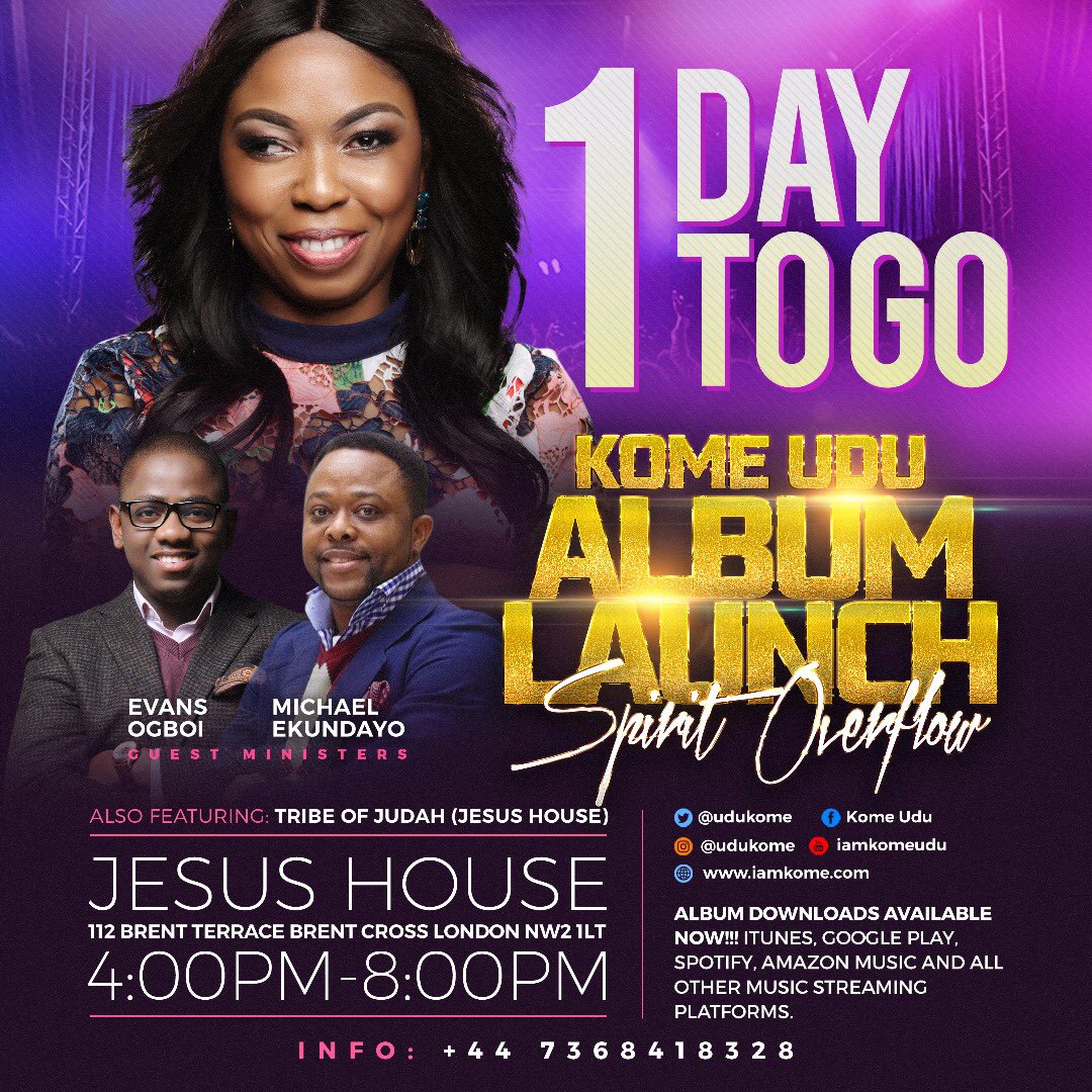 jesushouseuk's tweet image. 1 DAY TO GO!!! Kome Udu Album Launch Join @udukome for an unforgettable night of true worship as she leads us into the Presence of God
It’s a FREE but registration is required! Register Today on eventbrite and let’s worship. #SpiritOverflow
eventbrite.co.uk/e/kome-udu-alb…