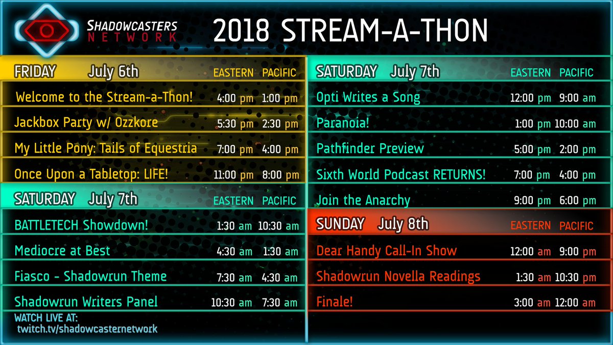 Starting Friday, July 6th will be our 36-Hour Stream-a-Thon! 

If you want to get in on the raffle, then you better check it out and get some Karma Points purchased before the Stream-A-Thon!

shadowcasters.network/fundraiser/raf…

#Shadowrun #Fallout #earthdawn #tabletop #rpg