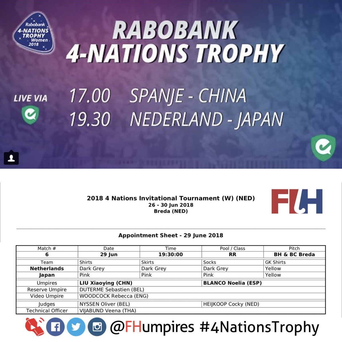 fhumpires's tweet photo. .@FIH_Hockey #4NationsTrophy #Breda
W06 19:30 W06 ๐ณ๐ฑ v ๐ฏ๐ต
Xiaoying Liu ๐จ๐ณ CHN
Noelia Blanco ๐ช๐ธ @rfe_hockey
๐น @RE_Woodcock ๐ด๓ ง๓ ข๓ ฅ๓ ฎ๓ ง๓ ฟ @EnglandHockey
โ๏ธNOW
๐ป https://t.co/SLWTyCAGgG
#LIVESTREAMHOCKEY #thirdteam #appointments #askFHU #hockeyfamily #umpirelife https://t.co/OPwOFfiLgP