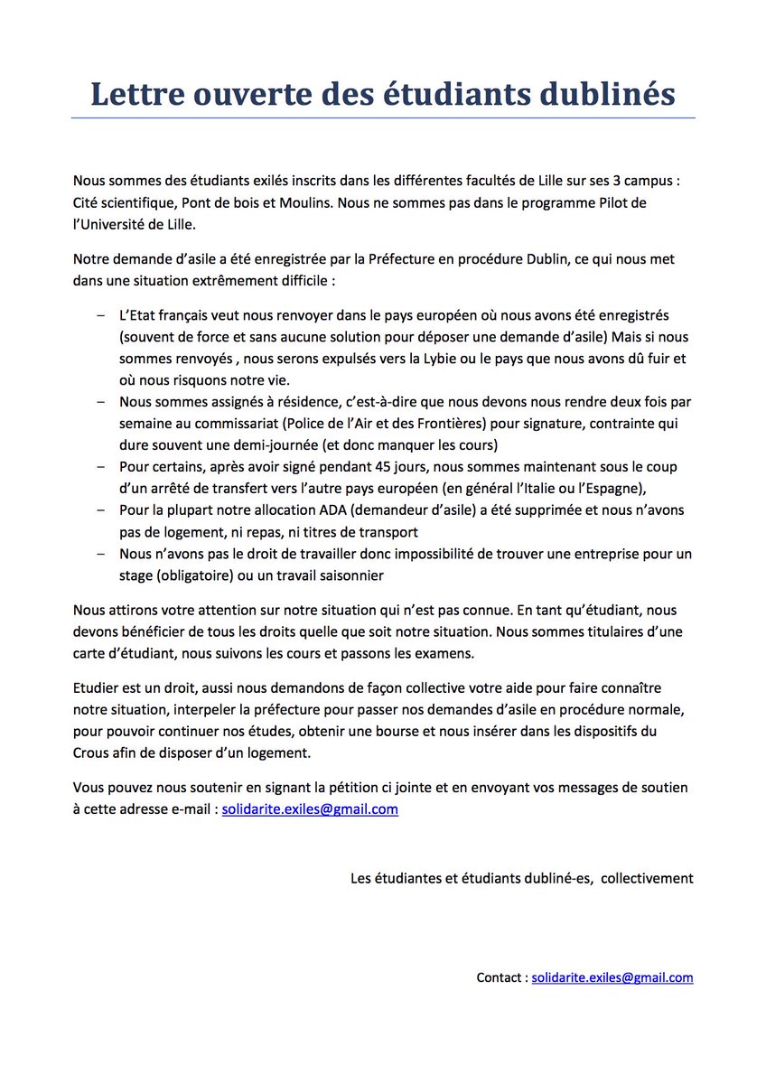 DivolJoan's tweet photo. Voici une pétition des étudiants exilés de l'université de Lille placés en procédure Dublin (cf lettre ouverte au préfet en pièce jointe). Pour les soutenir, il suffit d'envoyer un mail avec votre nom à solidarité.exiles@gmail.com https://t.co/OwgfrSmcIA