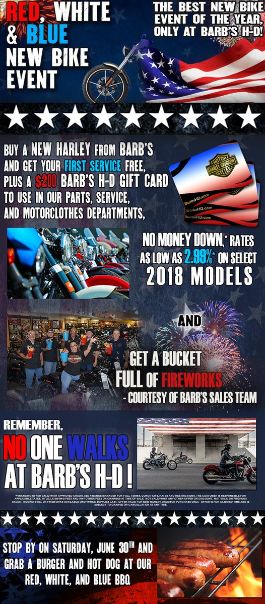 Barbs_HD's tweet image. This 4th of July Weekend/Week here at Barb's Harley-Davidson! Come by and see us for your NEW Harley-Davidson Motorcycle! We have lots of stuff going on all weekend and week long!