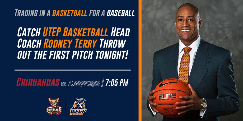 UTEPMBB's tweet photo. 🏀⏩⚾️ | Be sure to catch @RodneyTerry throw out the FIRST PITCH at the @epchihuahuas game tonight! #NewEraUTEP #JoinTheMovement 
@elpasotimes @KTSMtv @abc7breaking @KFOX14 @CBS4Local https://t.co/QwvR3cqtr7