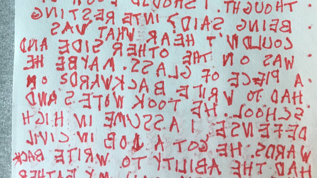 ChiNeighbor's tweet image. Those of us who can mirror write are said to be spawns of the devil. 

Maybe. 

My father had a job with civil defense in 1950s doing mirror writing messages outside a command room window. #beforecomputers While he’s a lefty, I’m right-handed. #uselesstalents