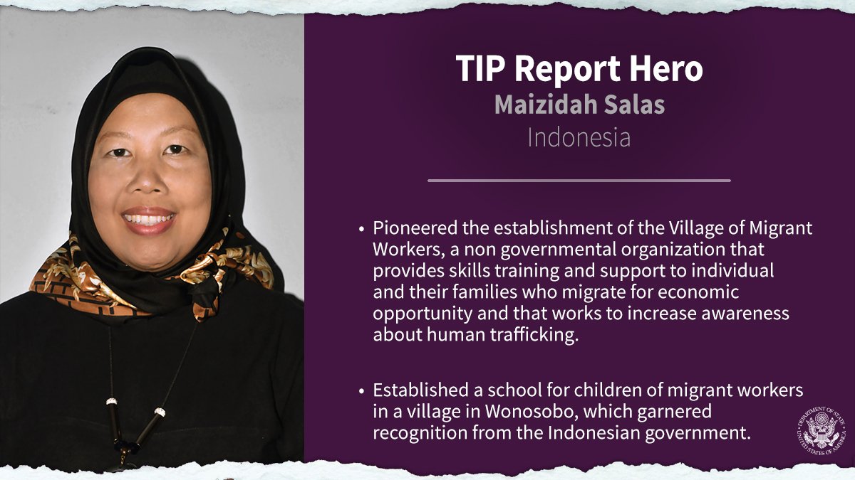 StateDept's tweet photo. We honor Maizidah Salas from #Indonesia, one of the 2018 #TIPReportHeroes. Learn more about her efforts to #endtrafficking: https://t.co/jHq5PaV8n1 https://t.co/PQAq7L6knM