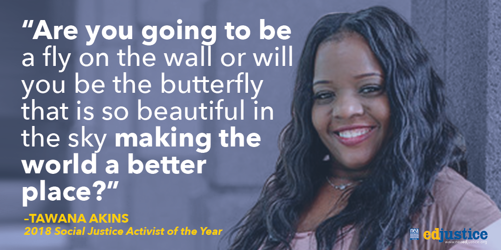 NEAToday's tweet photo. Congratulations to Tawana Akins, our Social Justice Activist of the Year! Thank you for your leadership and fierce activism -- we are so proud of your continuous work to transform students lives for the better.

More about Tawana >> https://t.co/o1uIw8dpmB #EdJustice2018 https://t.co/2PxW8TwuRf