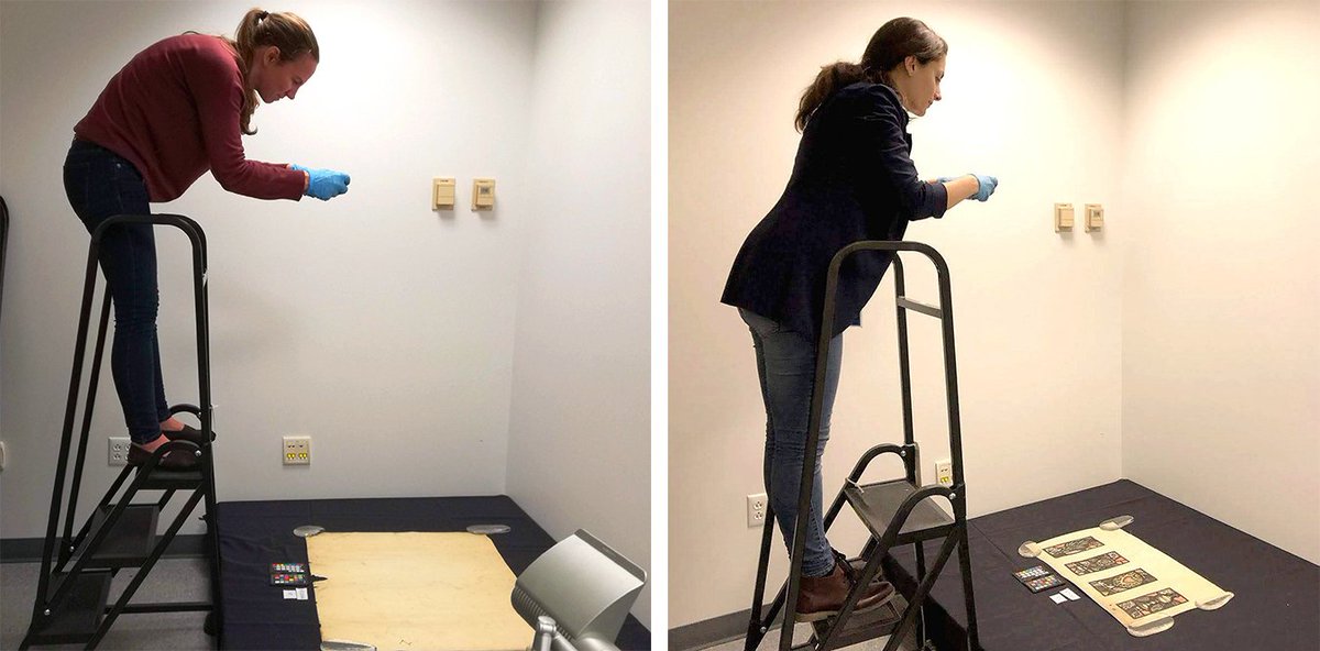corningmuseum's tweet photo. #RakowLibrary conservation interns Erin and Ilaria take “before” photos to assess the condition of these #Whitefriars cartoons. Photo documentation before, during, & after treatments is the first step in conservation objects like these. #paperconservation #libraryinterns https://t.co/GLzuYsqX7F