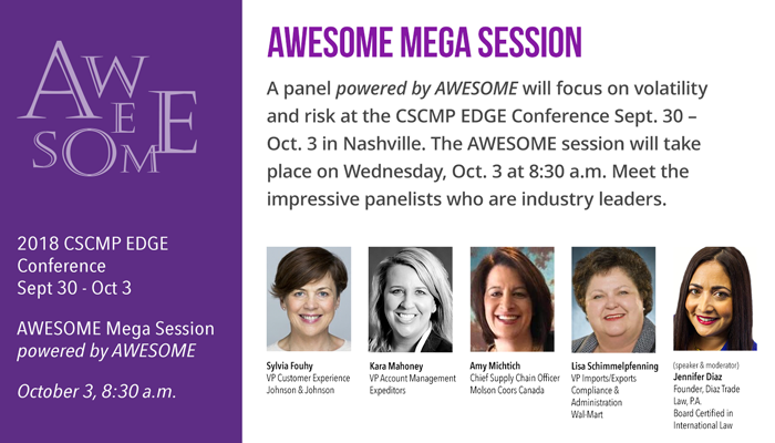 AwesomeWLeaders's tweet photo. With global supply chain risk & volatility at or near an all-time high, you’ll want to hear what these experts say at the @cscmp #CSMPEdge mega session powered by AWESOME on 10/3 @jnjnews @EXPD_Official @Molson_Canadian @WalmartNewsroom @CBPAttorneyJen https://t.co/ZmqAoxTRwH https://t.co/FaQ2iCsm2x