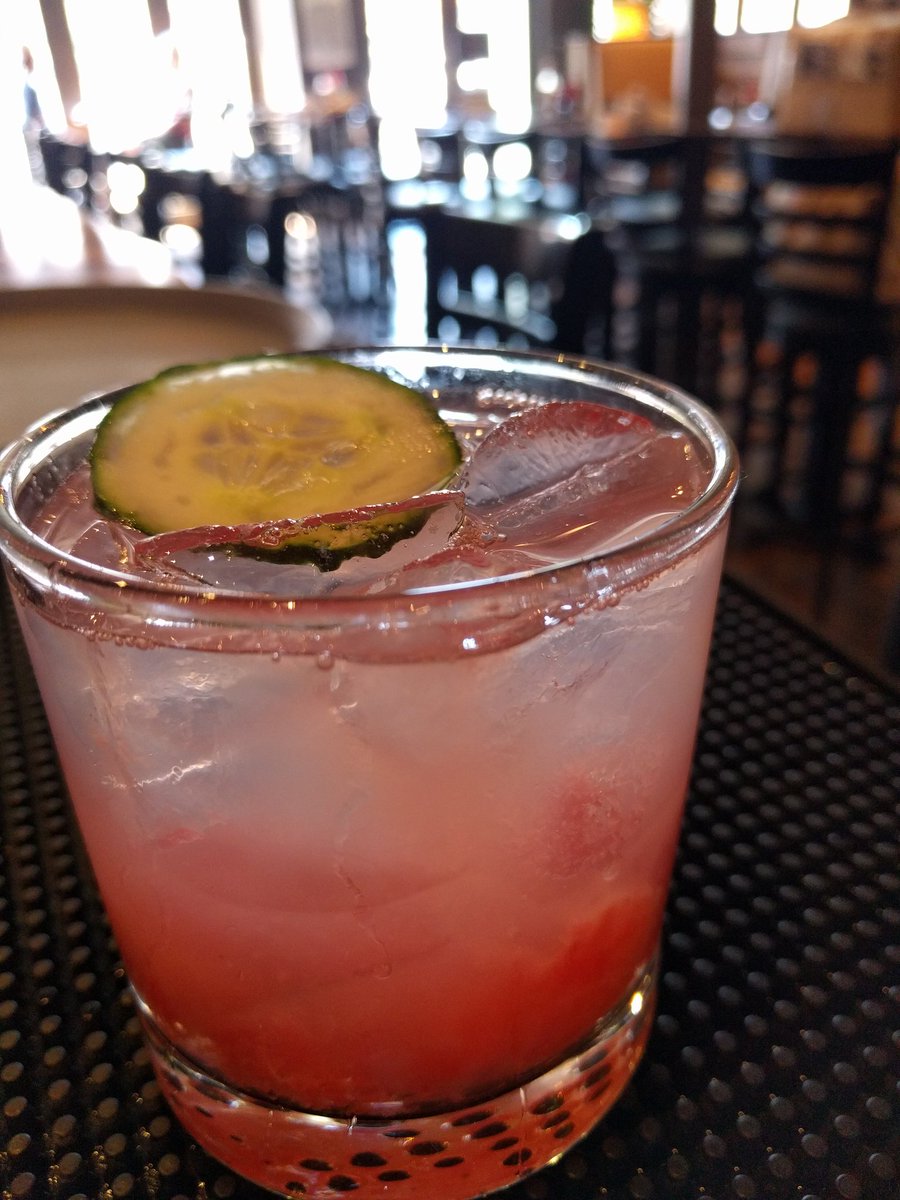 Happy Friday, y'all! The beer is pouring, the AC is working real hard, and our patio is open! Perfect day for a Fresh Fresh Exciting. Muddled watermelon with <a href="/deathsdoor/">Death's Door Spirits</a> gin, <a href="/ChareauSpirit/">Chareau</a> aloe liqueur, and tonic. Topped with a cucumber slice. This counts as salad, right??