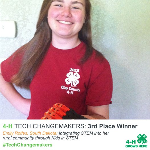 4H's tweet image. Meet the 3rd place winner of the @Microsoft &amp;amp; 4-H #TechChangemakers Contest, Emily Rolfes of South Dakota 4-H!  She is integrating #STEM into her rural community through Kids in STEM. Read all three contest winner stories: bit.ly/2yVTl4D