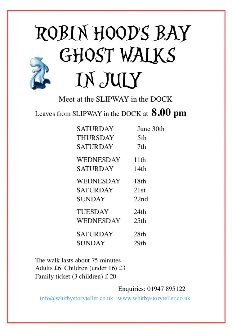 whitbytours's tweet photo. July programme already! #RobinHoodsBay #ghostwalk @Bayfair1975 @WhitbyAdvertise @thewhitbyguide @whitbywonderful @RobinHoodsBayUK @muirleastores @baytowncottages @RHB_cottages  @Victoria_rhb https://t.co/X96xKuYooH