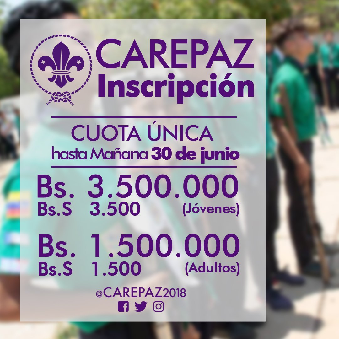 CAREPAZ2018's tweet photo. Pendientes! Hasta mañana 30 de Junio estará abierto el proceso de Inscripción del #Carepaz2018 si aún te falta cancelar, registrarte, adjuntar la ficha médica o anexar scouts a tú patrulla ¡es tú momento! porque el sistema en la pagina web cerrará a las 12 de la noche de mañana. https://t.co/9u0qZUwJul