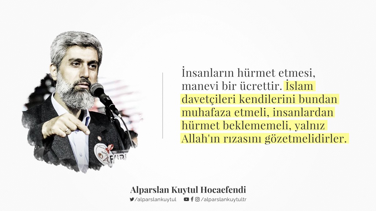 İnsanların hürmet etmesi, manevi bir ücrettir. İslam davetçileri kendilerini bundan muhafaza etmeli, insanlardan hürmet beklememeli, yalnız Allah'ın rızasını gözetmelidirler.
youtube.com/alparslankuytu…

AlparslanHocamsız 20Cuma