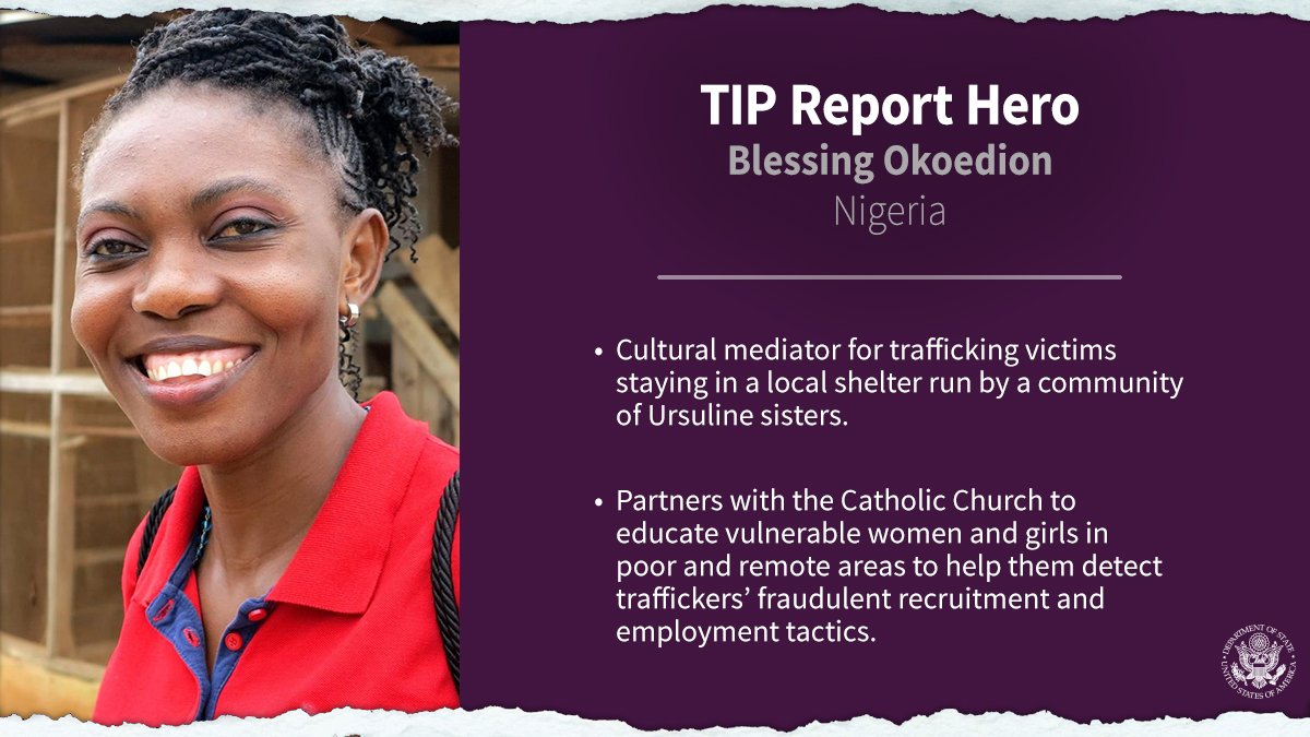 mashanubian's tweet photo. US State Dept honour 10 people fighting trafficking in persons including 4 from Africa. #TIPHeroes 
- Josue Ango from Burkina
- Francisca Awah Mbuli from Cameroon.
- Blessing Okoedion from Nigeria
- Yosief Abrham Mehari from Sudan https://t.co/Tc6ikOKwTd