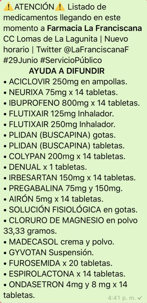 LafranciscanaF's tweet photo. ⚠️ATENCIÓN⚠️ Listado de medicamentos llegando hoy #29Jun a #FarmaciaLaFranciscana | Recuerda nuestro nuevo horario #LaFranciscanalotiene #ServicioPúblico #CuidamosdeTiydeTuSalud Corre la voz 🗣 Ayuda con un RT puedes salvar una vida en #Venezuela 

SAMSUNG GALAXY S9. https://t.co/HM5NdQywxS