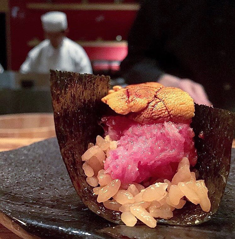 Handroll Royalty: Grilled Nori with Ootoro, Uni on our special red vinegar rice.