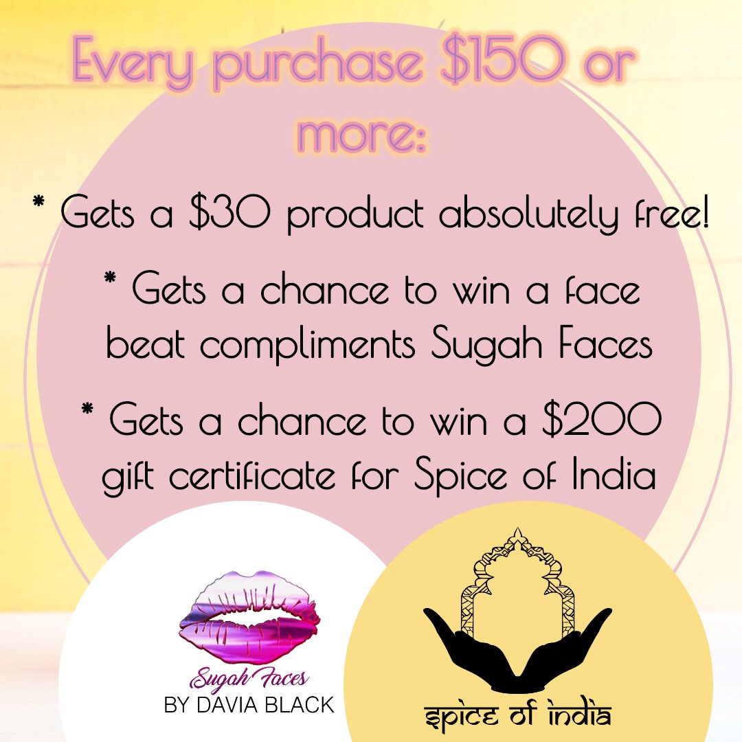 Pop- Up Shop @ JQ Mall tomorrow next to Bonne Baguette Bakery Cafe!
•
Every purchase $150 or more gets any $30 product absolutely free!
•
Get a chance to win a face beat from Sugah Faces and $200 Spice of India gift certificate! 💃🏽💃🏽💃🏽
•
You don’t want to miss this one!