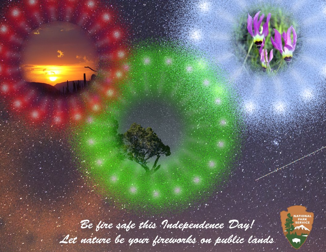 Fireworks graphics with a sunset, starry skies, and purple flowers. Message: Be fire safe this Independence Day! Let nature be your fireworks on public lands.