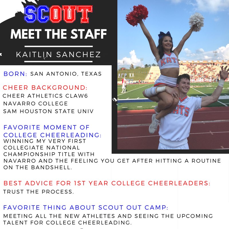 ScoutOutCamp's tweet photo. Come learn from our amazing staff! Kaitlin is tiny but oh so mighty! Kaitlin is our veteran female staffer and also the 2018 UCA Collegiate Partner Stunt champion - she’s excited to work with you! https://t.co/2jbuSsH1k7