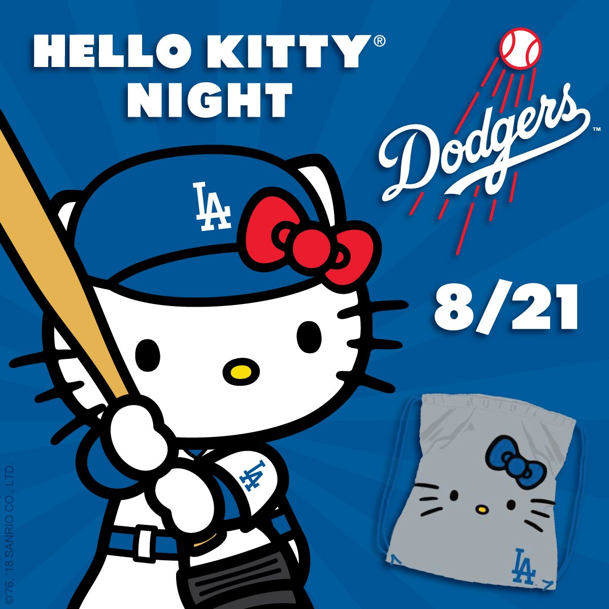 Hello Kitty on X: Batter up! #HelloKitty will be joining the Los Angeles @ Dodgers at the ball game on Tuesday, August 21st! This supercute Hello Kitty  x Dodgers drawstring tote bag comes