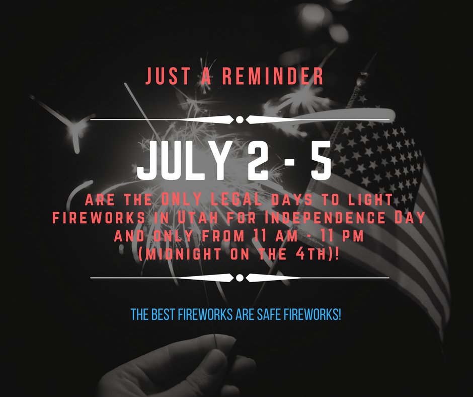 cityoflogan's tweet photo. Firework restrictions in place for Independence Day.  Fireworks allowed July 2-5 from 11 am to 11 pm (midnight on July 4th). Visit here for more info:  https://t.co/nx3zr0PXRs https://t.co/o5SmuU9GSP