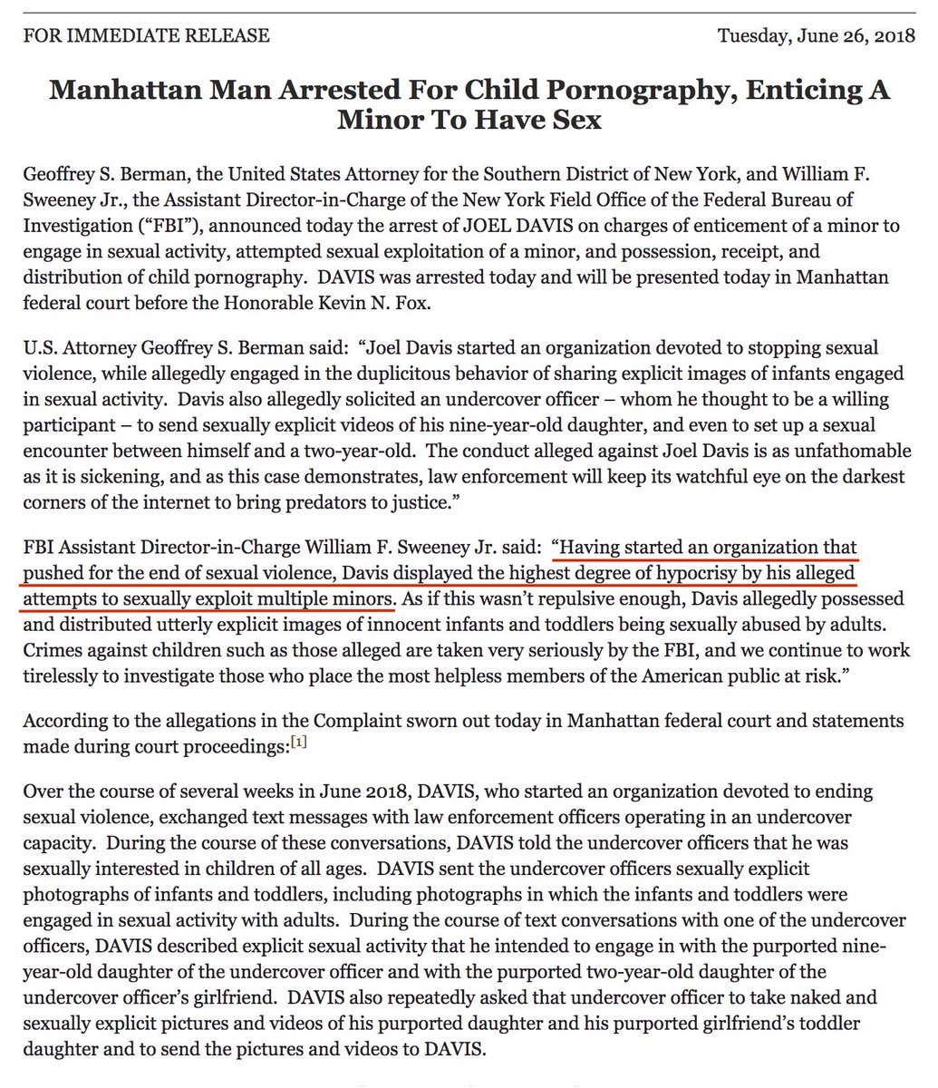 The Press Release In Regards To Joel Davis' Arrest June 26, 2018. FBI Confirms Davis Started An Organization Devoted To Stopping Sexual Violence. In Case Anyone Was Still Wondering Since We Have Not Been Able To Find Registered BOD. https://www.justice.gov/usao-sdny/pr/manhattan-man-arrested-child-pornography-enticing-minor-have-sex