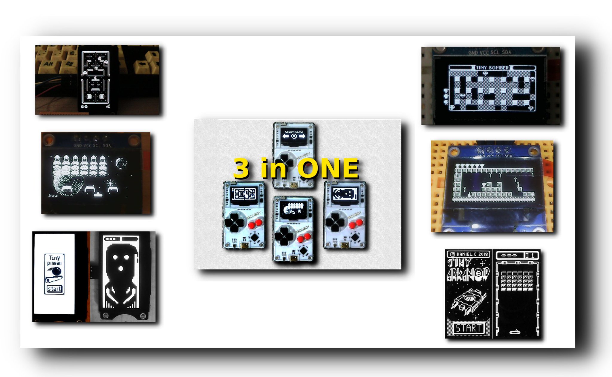 Chamekan Compilation Of Attiny85 Games For Arduboy 3 In 1 T Co Ruaa4hopky これいいですね まだ ボンバーマンしかやってないけど より容量の制約のきびしいattiny85でつくったやつを Arduboyで3 In 1にという で ボンバーマン