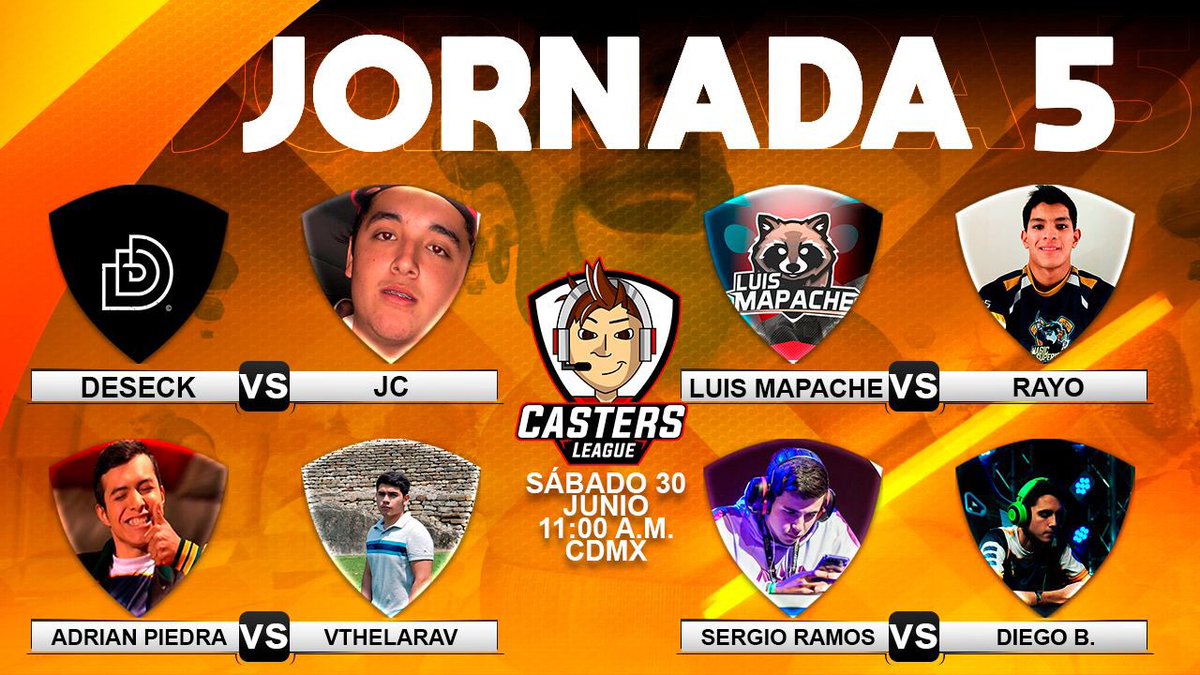 <a href="/CastersLeague/">CastersLeague</a> By @drbrandcr Etapa 2. Jornada 5 este sábado 11:00AM CDMX
Sorteo de 200 pesos MXN 
RT, Follow y Like
<a href="/Deseck_/">Deseck</a>  vs <a href="/HeyThisIsJC/">⚡️JC⚡️</a> 
<a href="/adrianpiedracr/">AdrianPiedra</a> vs <a href="/luislararaga/">Luis Armando Lara</a> 
<a href="/LuisMapache27/">R a c🔥🔥n</a>  vs <a href="/RayoRoyale/">Rayo™</a> 
@SergioRamos0321 vs <a href="/DiegoB_CR/">DiegoB</a>