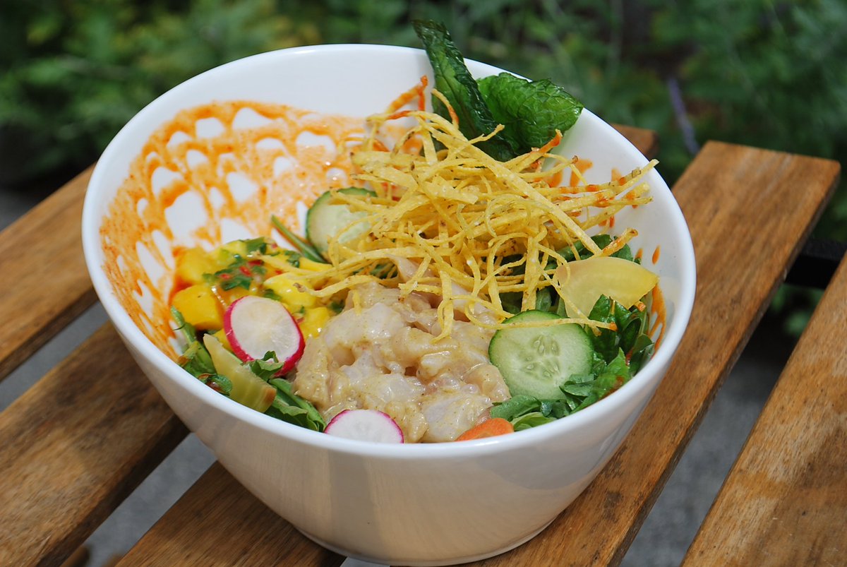 A very summery feature has hit the menu for the month of July!
• 
Our newest Line &amp; Sinker pairs fresh BC halibut, Pacific albacore tuna loin, and prawn ceviche in a citrus marinade with house-made mango salsa, corn tortilla strips, mixed greens, and chili honey.