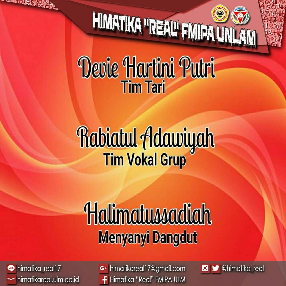 [Himatika "AWARD"]
.
.
Selamat dan sukses kepada 
1. Devie Hartini Putri (Tim Tari) Juara 2
2. Rabiatul Adawiyah (Tim Vokal Grup) Juara 3
3. Halimatussadiah (Menyanyi Dangdut) Juara 3

.
.
[Departemen Media dan Informasi]
.
.
#Himatika"Real"
#kabinetmetamorfosa