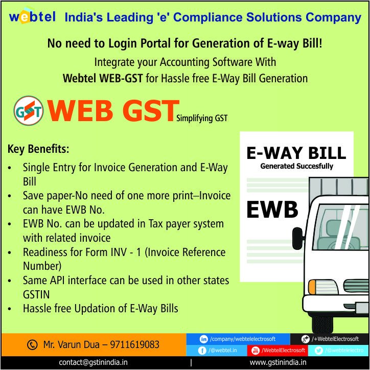 webtelfanpage's tweet image. Integrate your accounting software with Webtel #WEBGST for hassle free E-way Bill GENERATION.

Call Us:
Ms. Nisha Arora (Delhi/NCR) - 9312931103
Mr. Maneesh Aggarwal (Rest of India) – 9899789089

*** Subscribe to WebTel&apos;s Youtube Channel-
goo.gl/LaaQeo
#ewaybill #webtel
