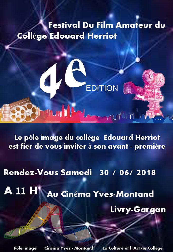 HerriotLivry's tweet photo. N’oubliez pas la projection, aujourd’hui à 11h, au #CinémaYvesMontand de @LivryGargan93
Les élèves y présentent leurs courts-métrages, réalisés dans le cadre du #PôleImage du collège. https://t.co/We3gCynp4H