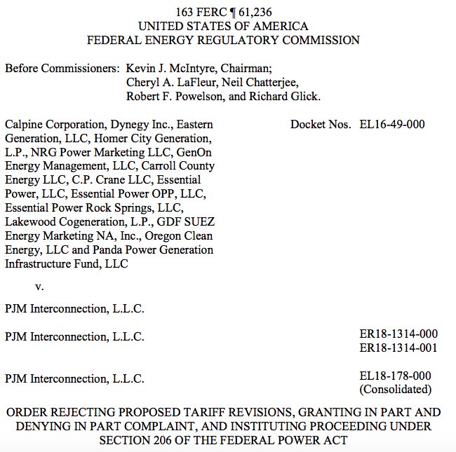 FERC issues 3-2 decision (LaFleur and Glick dissenting), rejecting PJM's "jump ball" filing but finding PJM's capacity construct unjust and unreasonable and initiating a paper hearing to expand the MOPR and implement a resource-specific FRR alternative, ferc.gov/CalendarFiles/….