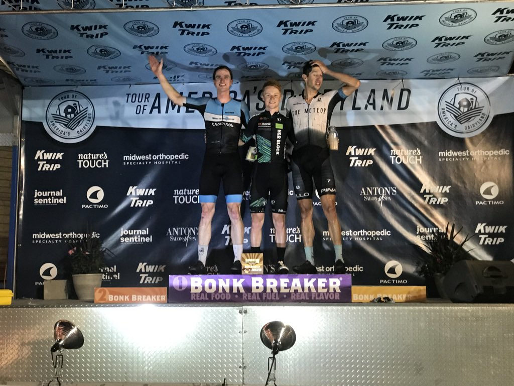 TOADCyclingRace's tweet photo. Your Bay View podium. @lukemudgway @M1ProCycling , John Borstelmann @ETWcycling , and Colin Strickland who had maybe the ride of the night. @meteorxgiordana #ToAD2018 #bayviewclassic #cafecentraal https://t.co/M0o83asBYH